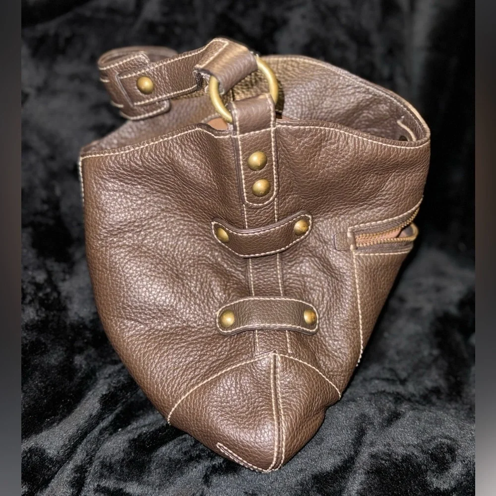 J. Crew Dk Brown Pebble Grain Leather Small Detailed Shoulder Bag